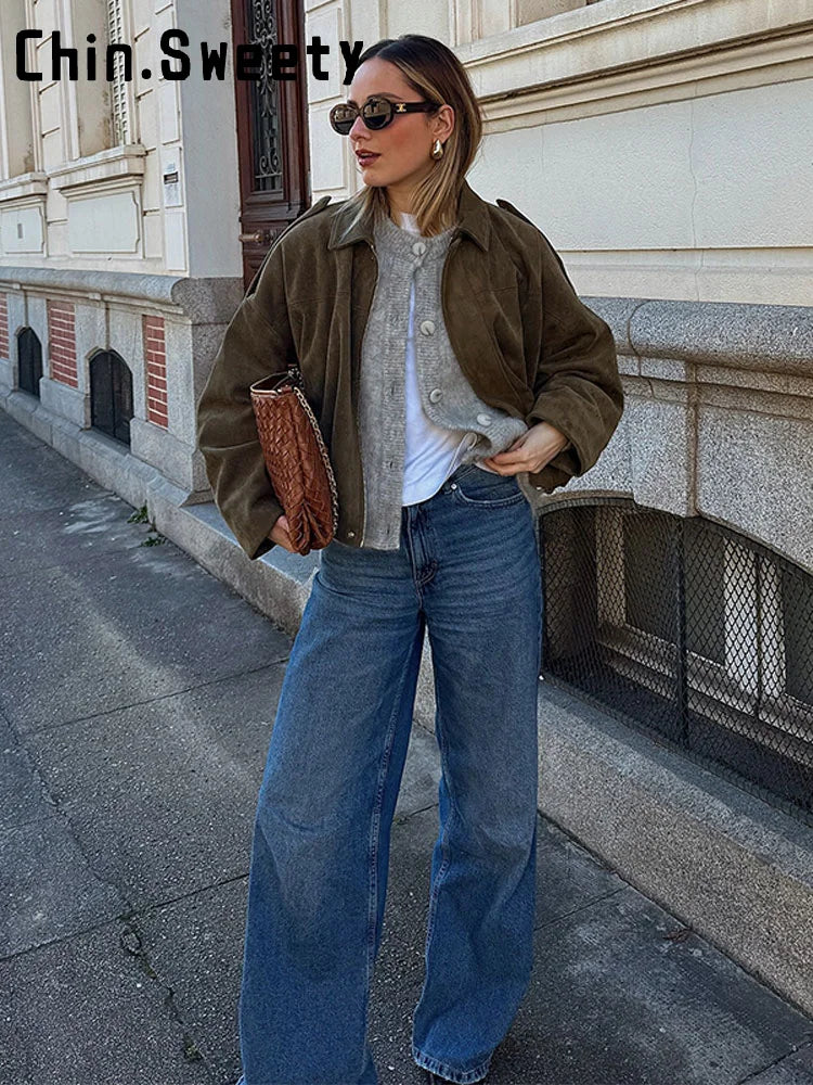 Street Fashion Women's Short Suede Jacket Loose Green Lapel Zipper Long Sleeve Bomber Coat 2025 Autumn Winter New Lady Outwears