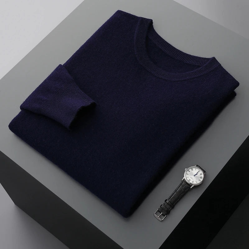 MVLYFLRT 100% Pure Merino Wool Sweater Men's Round Neck Pullover Tops Autumn Winter Thin Solid Color Sweater Versatile Basic