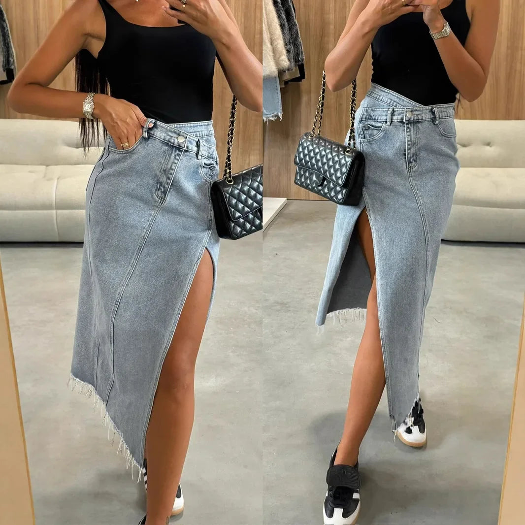 Women's Denim Asymmetrical Half Skirt with Cross Waist Slit Cotton A- Line Skirt Elastic Hem Stitching Design Fashionable