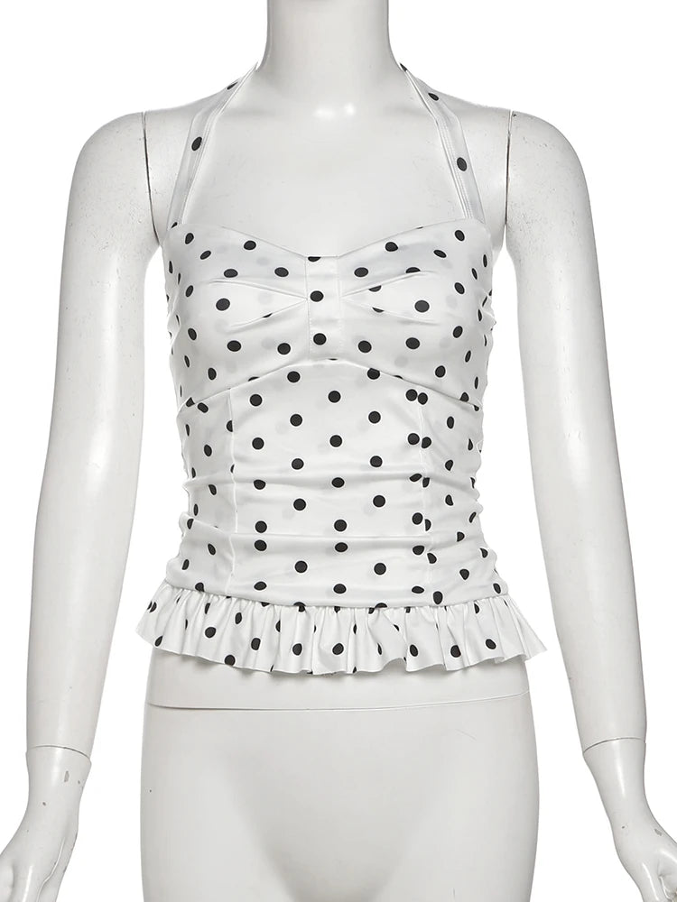 Weird Puss Polka Dot Print Top Women Halter Low-Neck Bandage Ruffles Backless Sleeveless Skinny Summer Trend Street Basic Vest