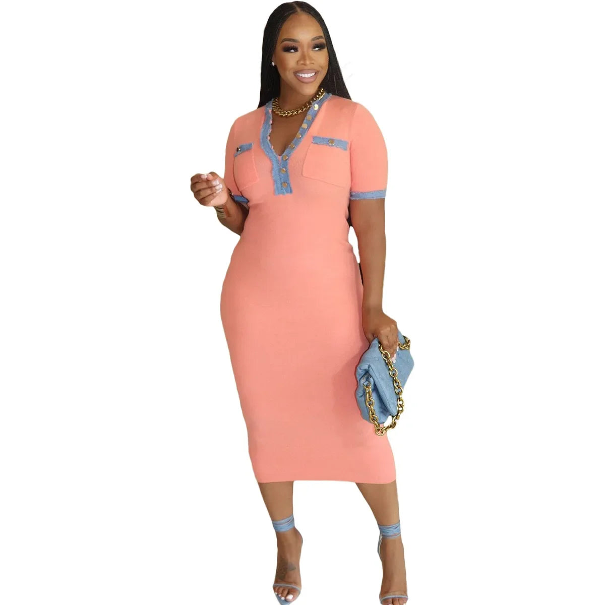 Stock Available Independent Station European American Cross-border Washing Denim Splicing Pocket Solid Color Women's Dress