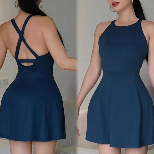 Sexy Backless Tennis Sports Dresses Fitness Halter Dresses With Bra Pads