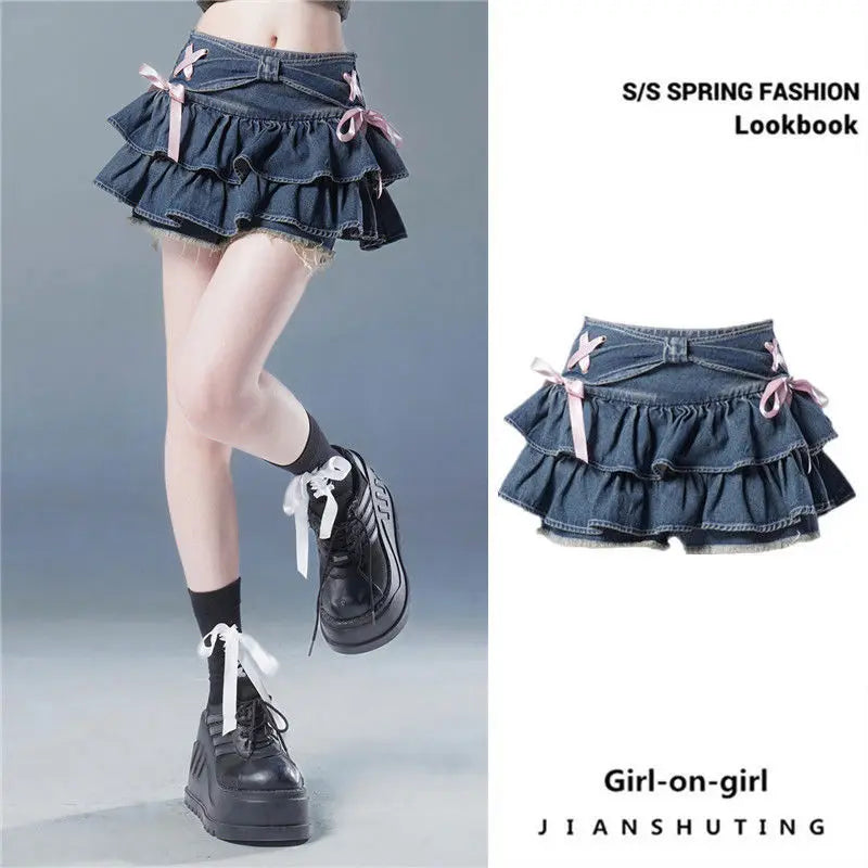 Blue Denim Pleated Skirt Bow Fold Design Women's A-line Short Skirt Built in Shorts American Spicy Girl Korean Fashion Hotsweet
