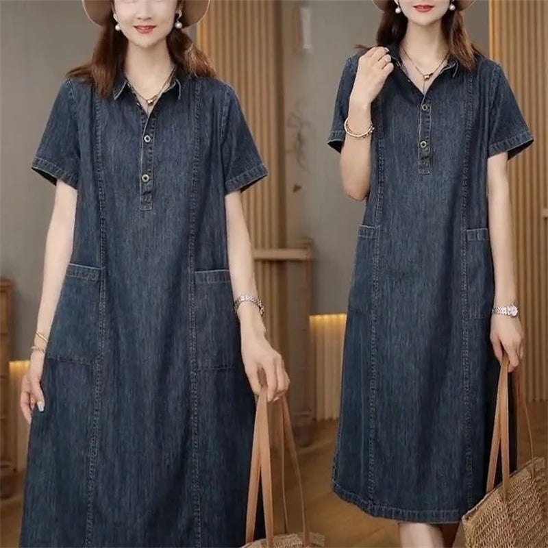 Short sleeved Shirt Denim Dress for women 2025 Summer New Korean version Loose with pockets Casual Thin Denim Dress Female