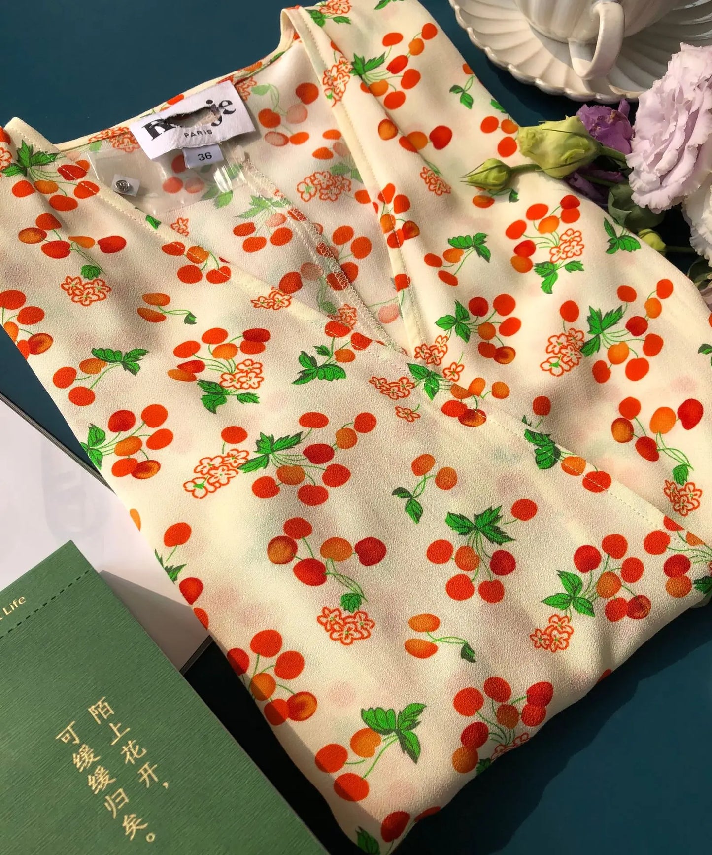 Summer Sweetheart Small Fresh Retro Cherry Print Short-sleeved Wrap Dress, One-piece Coffee Break Dress Tea-break Dress