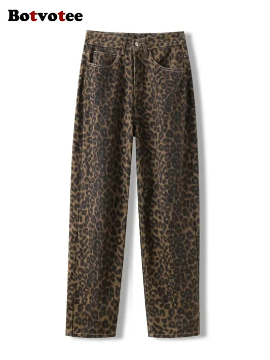 Botvotee High Waisted Leopard Print Jeans for Women Y2k Retro Streetwear Denim Pants Hip Hop Straight Wide Leg Baggy Jeans
