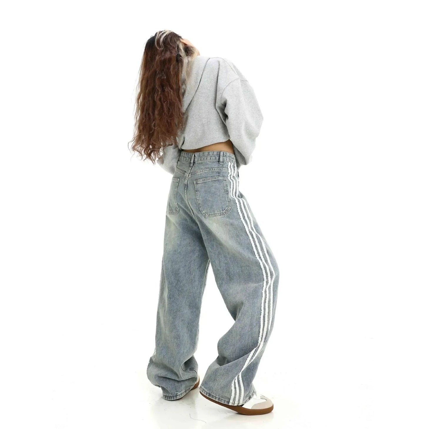 American Style Retro Striped Loose Fit Low Waist Slimming Long Jeans Women High Street Drag Floor Length Trendy Denim Pants