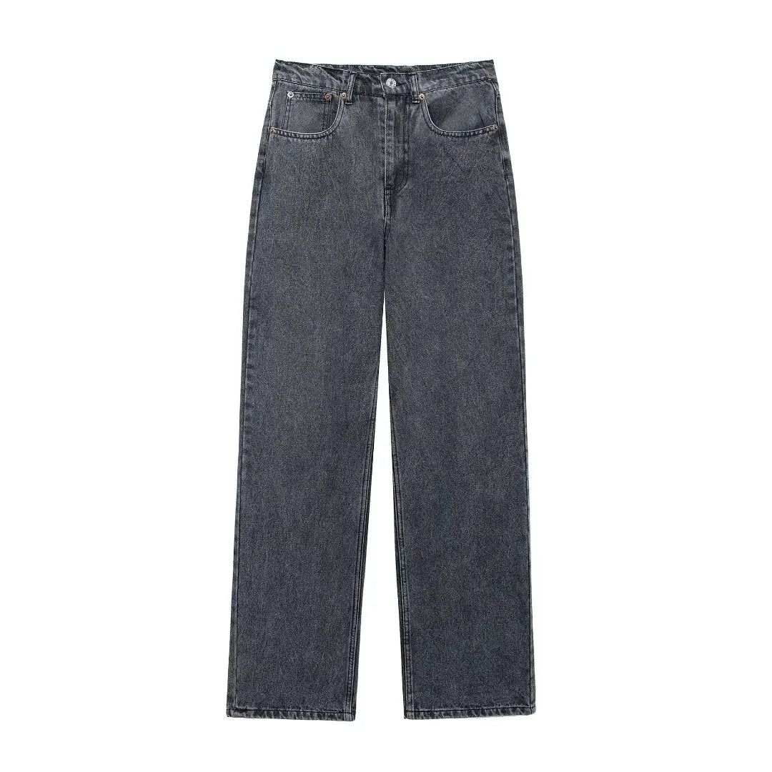 TRAFZA Jeans For Women 2024 Denim Solid Loose Zipper Fly Female Hole Trouser Pockets Wild Basic Commute Woman Wide Leg Long Pant