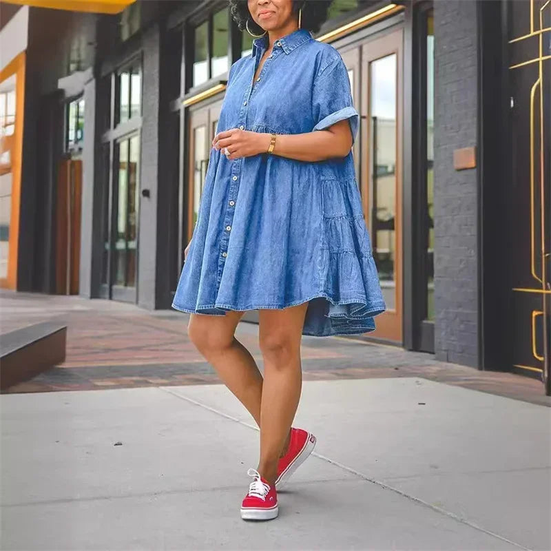 Women Loose High Waist Denim Dresses Fashion Folded Short Sleeve Dress Female Casual Single-breasted Cardigan Mid-length Gown 24