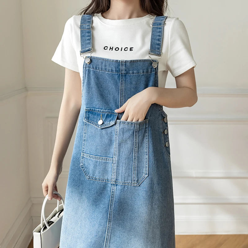 Women Denim Dresses Spring Summer Large Pocket Loose Casual Mid  Length Jean Suspender Straps Dress Korean Versatile Vestidos