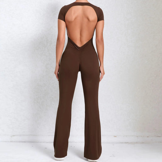 Women Short Sleeves Bodysuit Gym Set Yoga Clothes Suit Workout Jumpsuit Sport Set Women One-Piece Flared Pant Rompers Sportswear