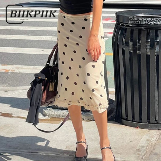 BIIKPIIK Casual Women Polka Dot Skirts Lettuce Trim Beige Elegant Midi Skirts Streetwear Simple All-match Bottom Clothing Spring