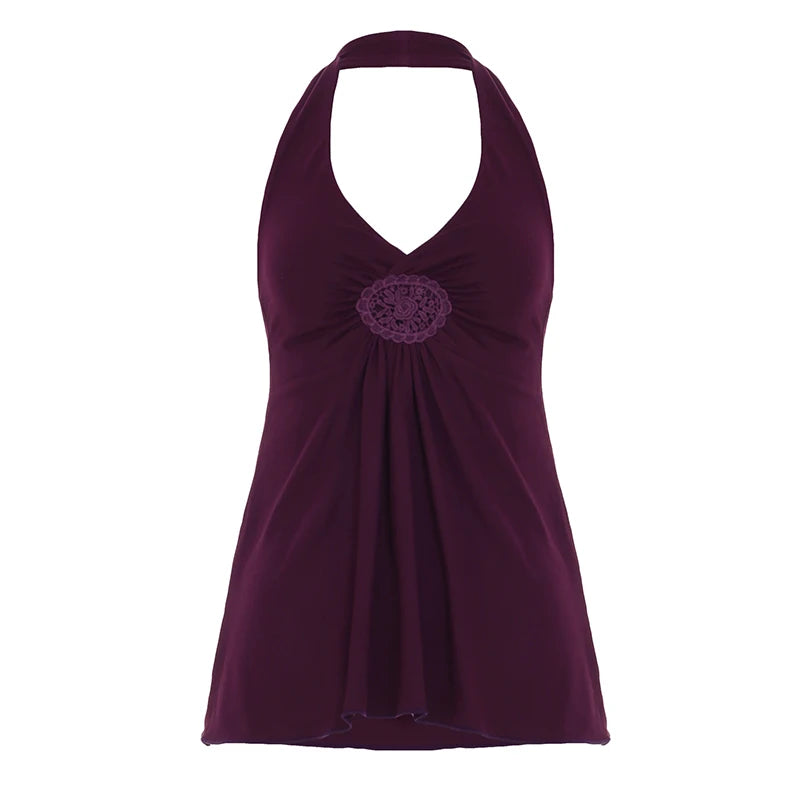Fashion Solid Simple Embroidered Ruched Women Halter Tops Backless Sexy Hottie Summer Tanks