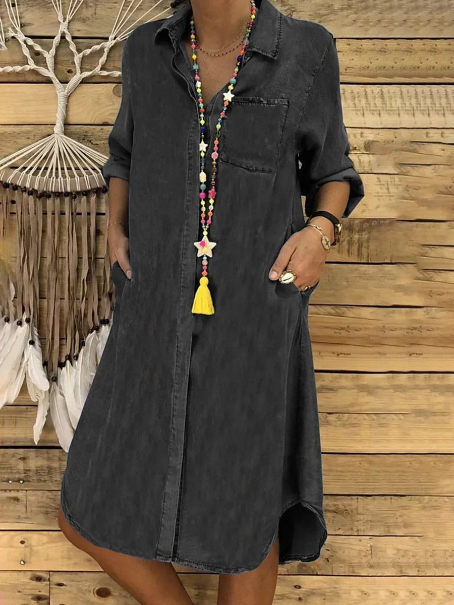 2024 Summer New Fashion Cowboy Women's Long Dress Elegant and Fashionable Retro Single breasted Long sleeved Dress Black Dress