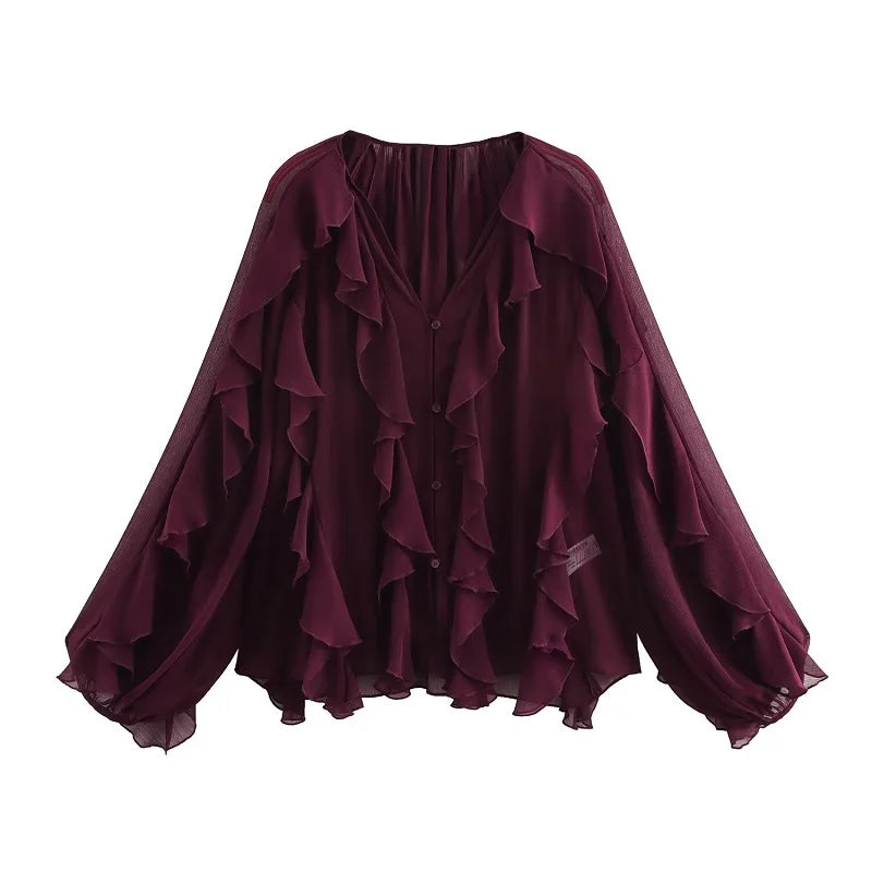 MUJER Ruffle Womens Blouses Semi Sheer Casual Blouses Woman Spring Fairy Shirts and Blouses for Lady Long Sleeve Tops Woman 2025