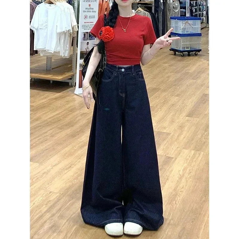 Vintage High-Waisted Wide-Leg Jeans Skirt American Style For Women Summer New Loose-Fit Slimming Versatile Straight-Leg Trousers