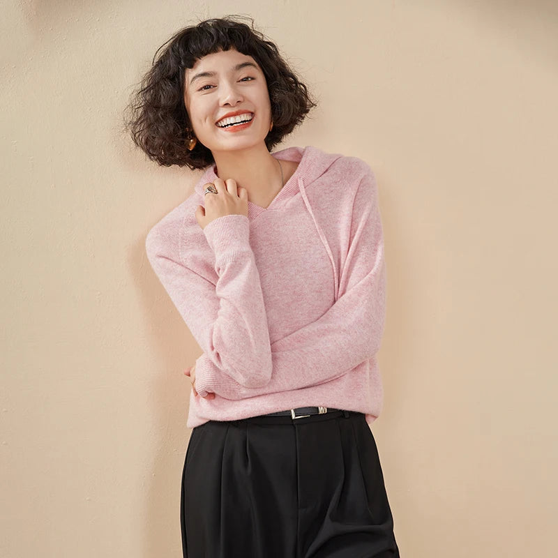 Autumn and winter new women's sweater 100% pure cashmere knitted hooded collar pullover soft solid color hot selling women's top