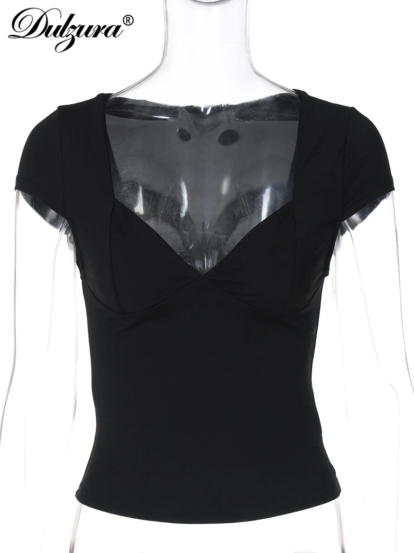 Dulzura Square Collar Short Sleeves Bodycon T-Shirts Women’S Solid Sexy Elegant Y2K Top Party Clubwear Street Summer Outfit