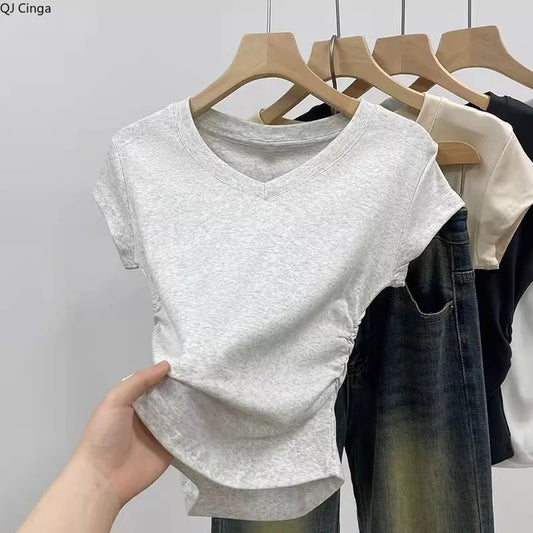 Summer Gray Women's V-neck Short-sleeved T-shirt, White Short-sleeved Slim-fit Pullover T-Shirt, Asian Sizes S-XL Tops & Tees