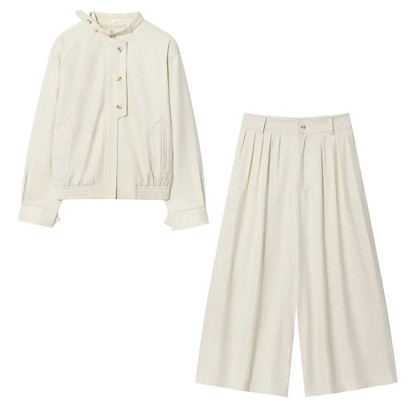 Casual Jackets Pants Suits Women O Neck Single Breasted Long Sleeves Pockets Pleated Trousers Sets Female 2025 Autumn New Set
