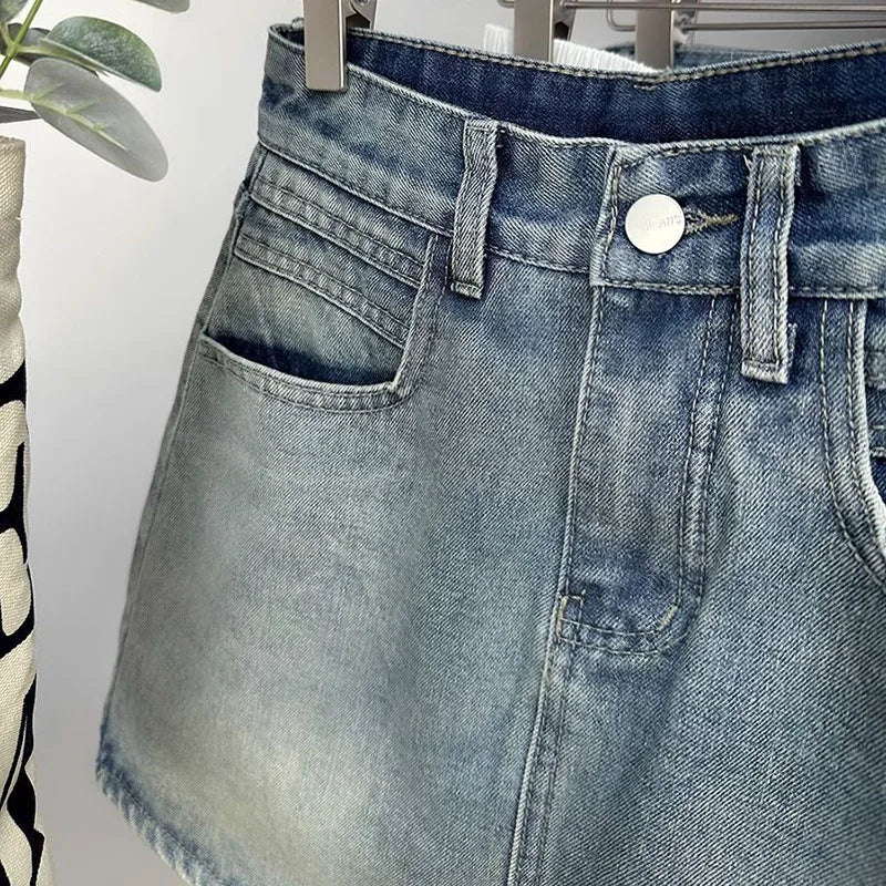 Summer New Womens Vintage Denim Skirts Korean Fashion High-Waisted Slim Mini Skirt Woman Elegant All-Match A- Line Bodycon Skirt