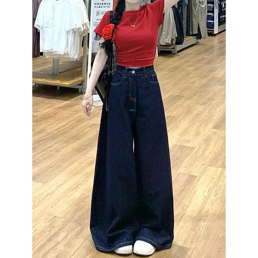 Vintage High-Waisted Wide-Leg Jeans Skirt American Style For Women Summer New Loose-Fit Slimming Versatile Straight-Leg Trousers