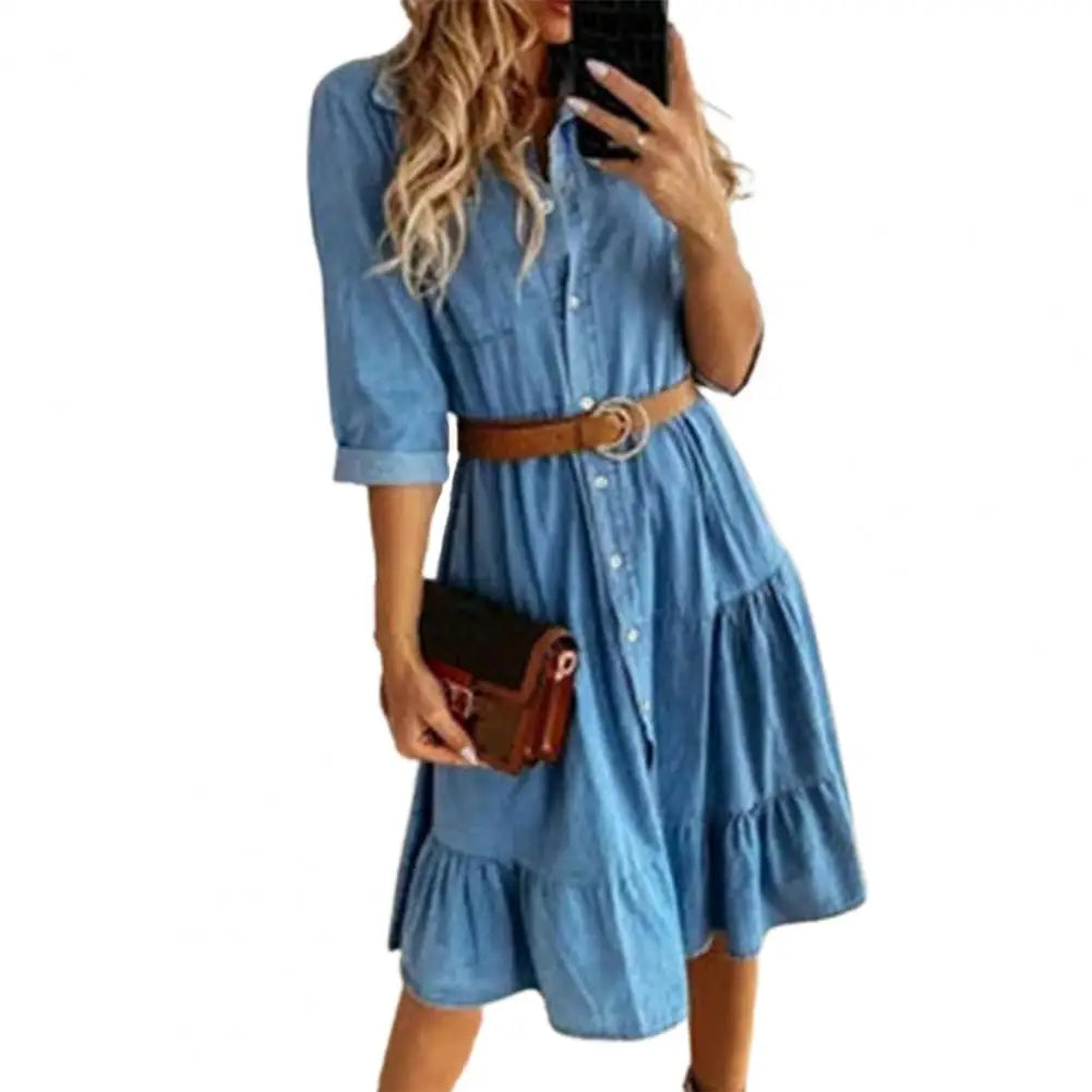 Simple Female Dress Founced Edge High Quality Denim Solid Color Women Dress