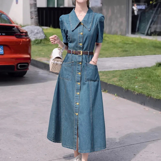 2025 Summer New Women's Denim Dress Solid Short Sleeve Korean Hot Fashion Jeans Dress Female Single-Breasted Long Cowgirl Dress