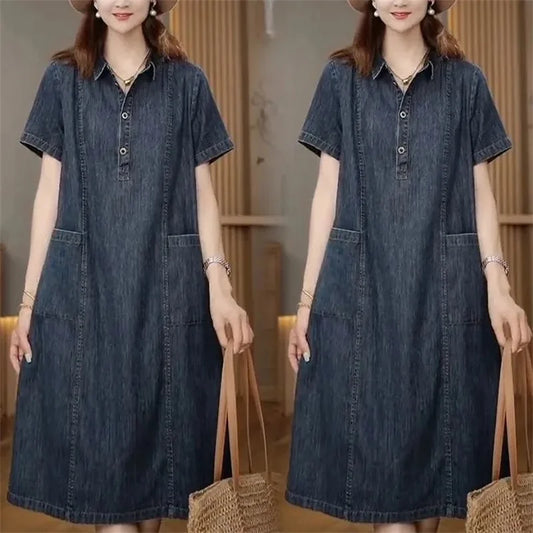 Short sleeved Shirt Denim Dress for women 2025 Summer New Korean version Loose with pockets Casual Thin Denim Dress Female