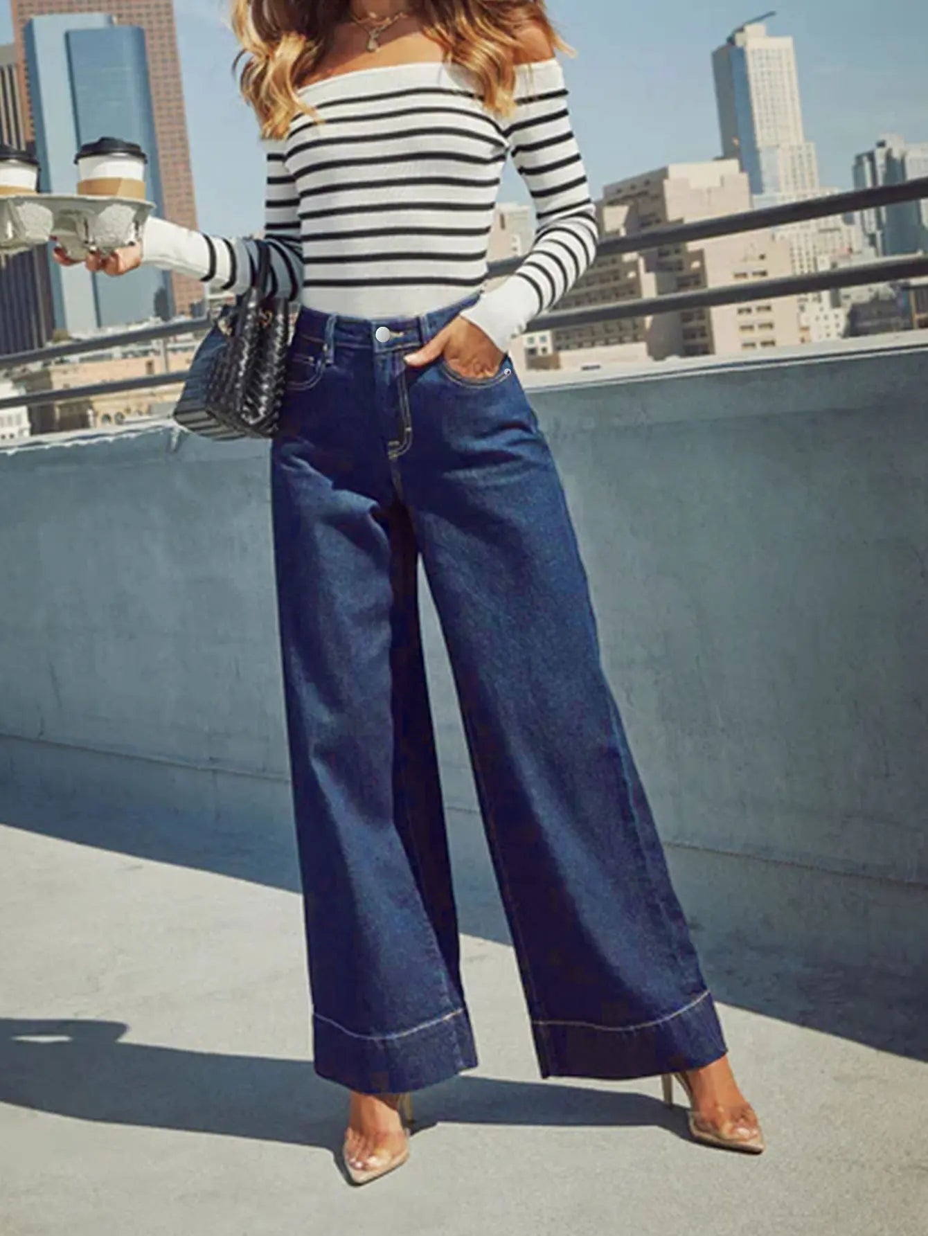 2025 New Summer Women's High Waist Wide Leg Jeans - Classic dark blue washed stretch jeans with button fly for an elegant style.