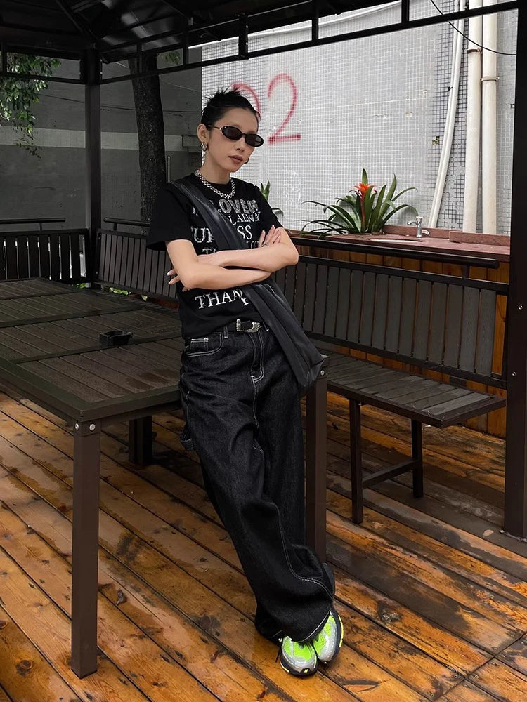 Y2k Embroidered Black Wide Leg Jeans Women American Retro Casual Loose Denim Pants Streetwear 2025 New High Waist Baggy Trousers