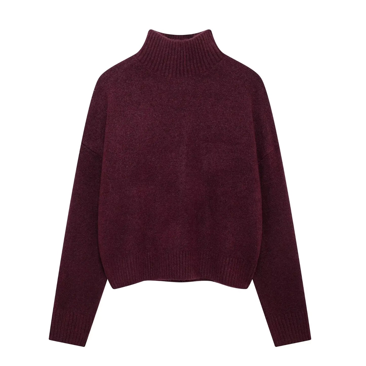 TRAFZA Women Vintage Burgundy Turtleneck Sweater Casual Long Sleeve Knitted Pullover Autumn Winter Women Solid Warm Knitwear