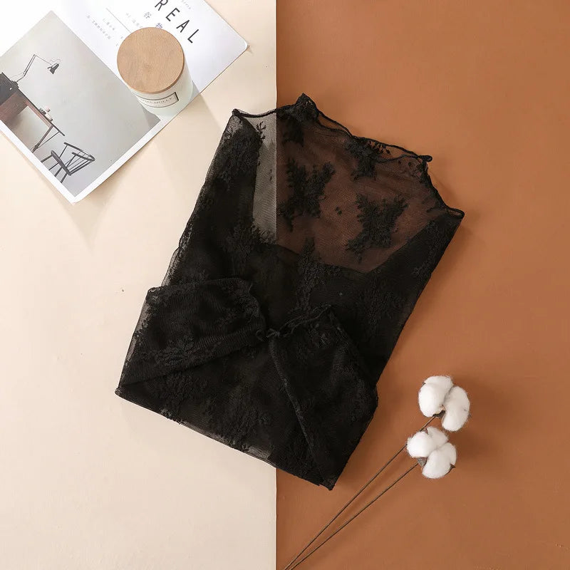 S-XL New Women Floral Lace Shirt Spring Autumn Long Sleeve Sexy Mesh Bottoming Shirts Mock Neck Blouse T-Shirt Pullover Top