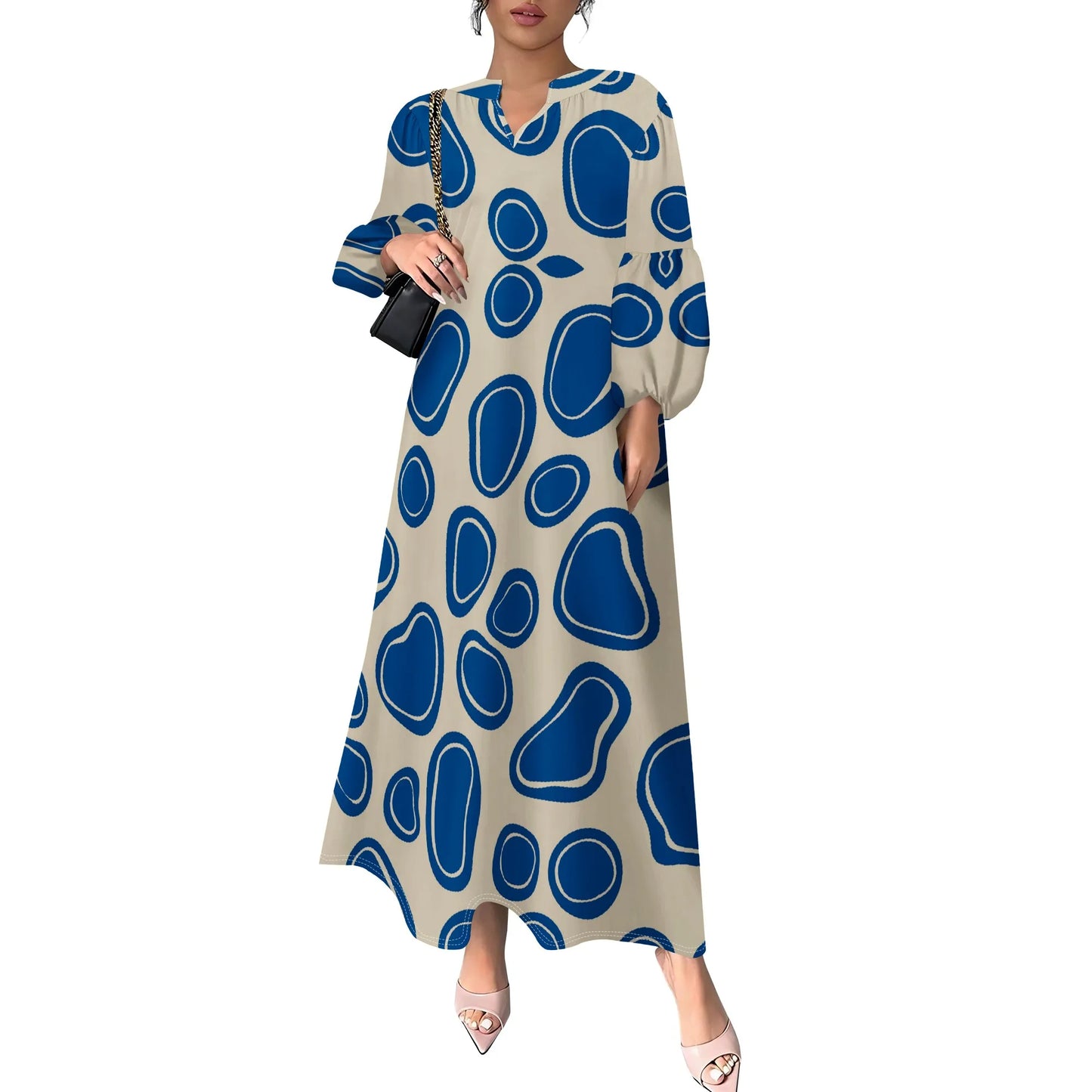 Plus Size Blue Abstract Print Long Dress for Women – Casual & Chic, Perfect for Spring Outings, Available in XS-3XL