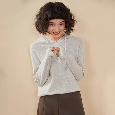 Autumn and winter new women's sweater 100% pure cashmere knitted hooded collar pullover soft solid color hot selling women's top