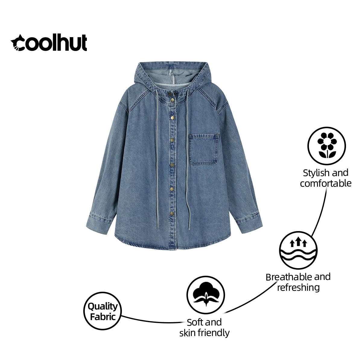 COOLHUT Design 2025 Women's Spring Hooded Button Front Distressed Denim Jacket Oversized Washed Coat Drawstring Waist Mid-Length