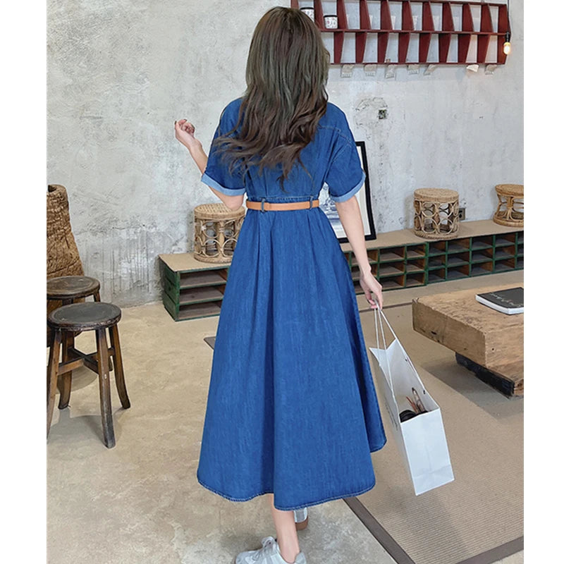 Women Denim Dress Vintage Turn-Down Collar Pockets Single Breasted Slim Korean Fashion Casual Clothes + Belt One Denim Long Robe