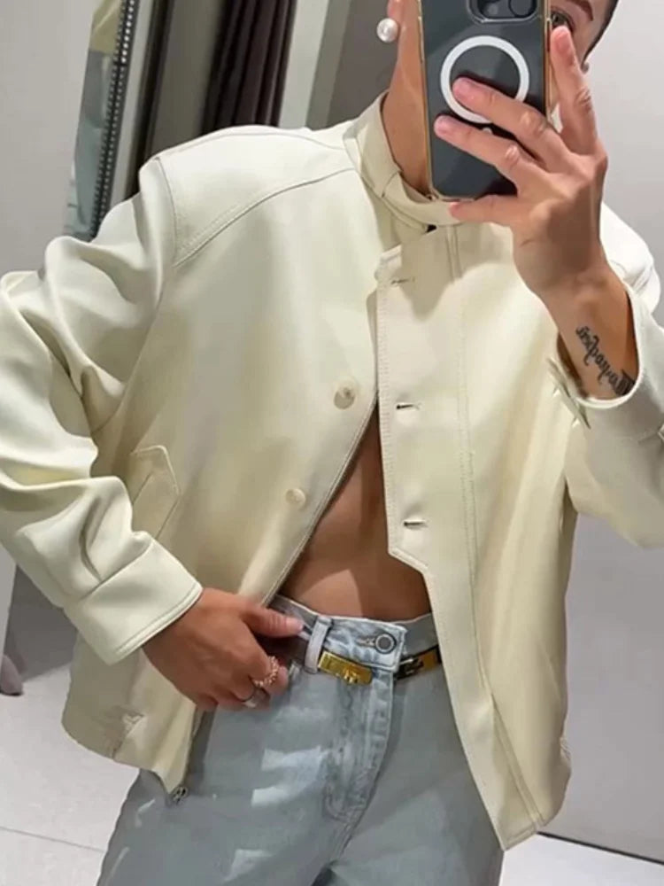 White Lapel Single Breasted Jacket Women Casual Full Sleeve Pocket Short Coats Wide Led Pant Lady Autumn Highstreet Outerwear