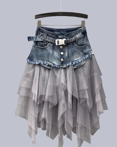 Korean Version Mesh Spliced Denim Skirt For Women's Summer High Waisted Mid Length Beach Skirt Slim Fit Versatile Denim Skirt
