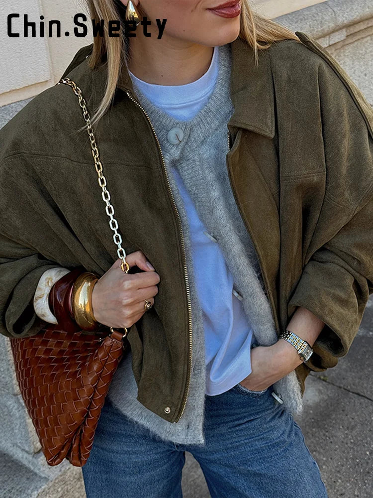 Street Fashion Women's Short Suede Jacket Loose Green Lapel Zipper Long Sleeve Bomber Coat 2025 Autumn Winter New Lady Outwears