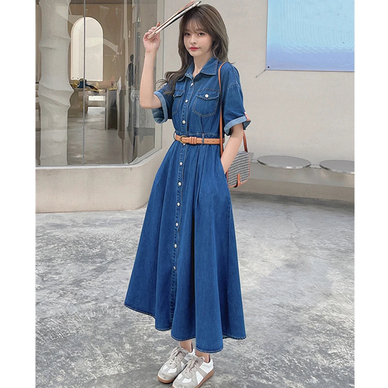 Women Denim Dress Vintage Turn-Down Collar Pockets Single Breasted Slim Korean Fashion Casual Clothes + Belt One Denim Long Robe