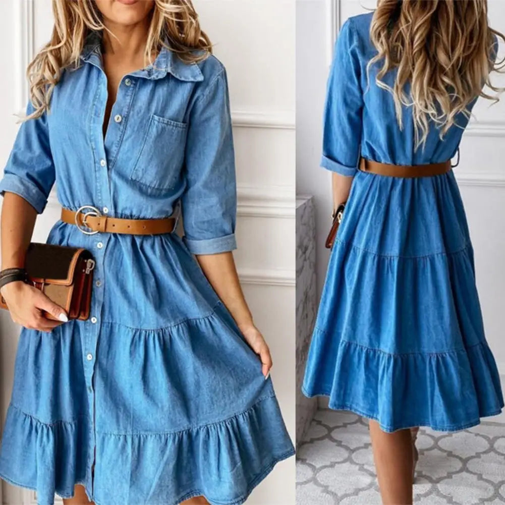 Simple Female Dress Founced Edge High Quality Denim Solid Color Women Dress