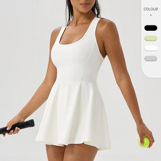 Women Summer Tennis Dress Breathable Quick-Dry Workout Dress Outdoor Sports Skirt Gym Yoga Short Dress Casual Athletic Skirt