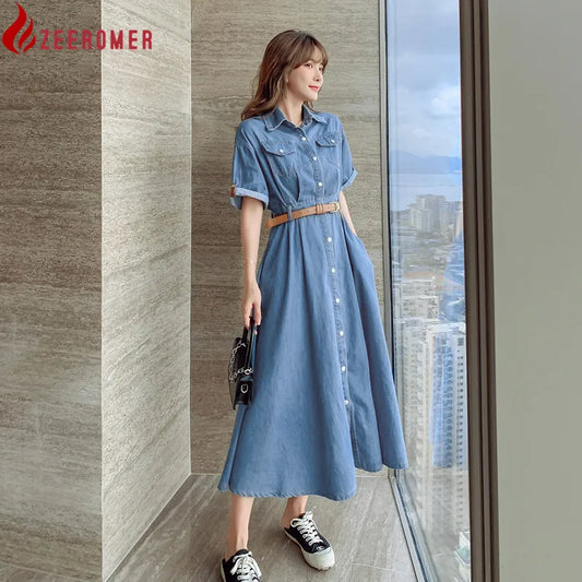 Women Denim Dress Vintage Turn-Down Collar Pockets Single Breasted Slim Korean Fashion Casual Clothes + Belt One Denim Long Robe