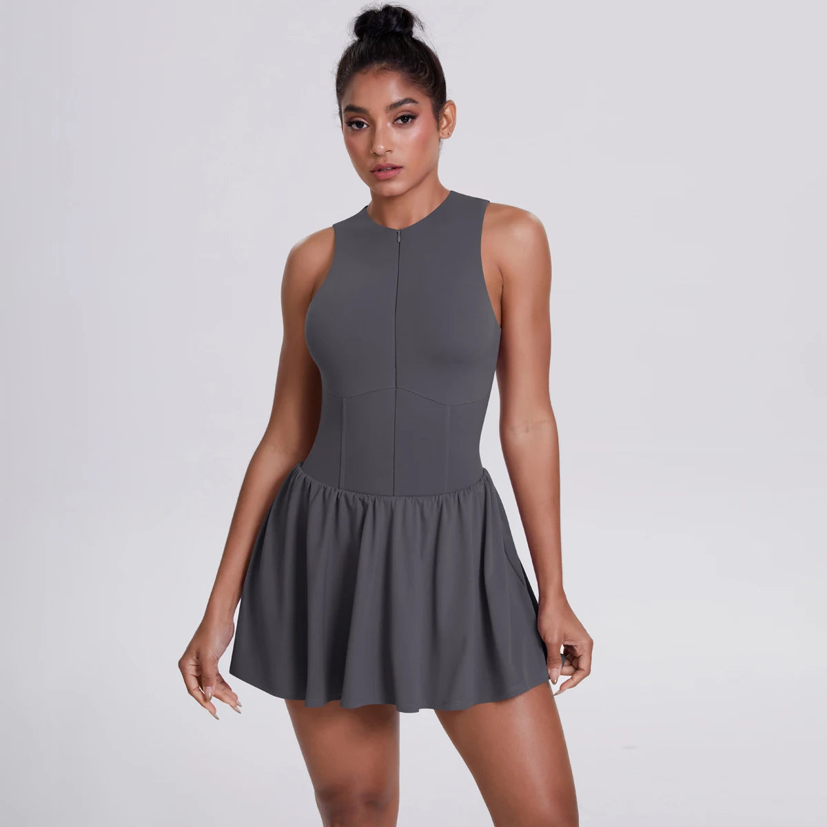 Women Front Zipper Tennis Dress Fake Two-piece Pieces Stand Up Collar Slim Fit Soft Sports Sets Fitness Pocket Skorts Yoga Suits