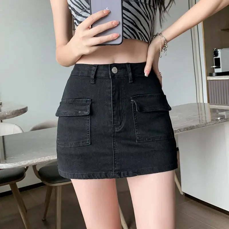 Summer Denim Short Skirt for Women Sexy Slim High Wiast Wrap Hip Mini Skirts Woman Korean Chic Pockets Shorts Jeans Skirt