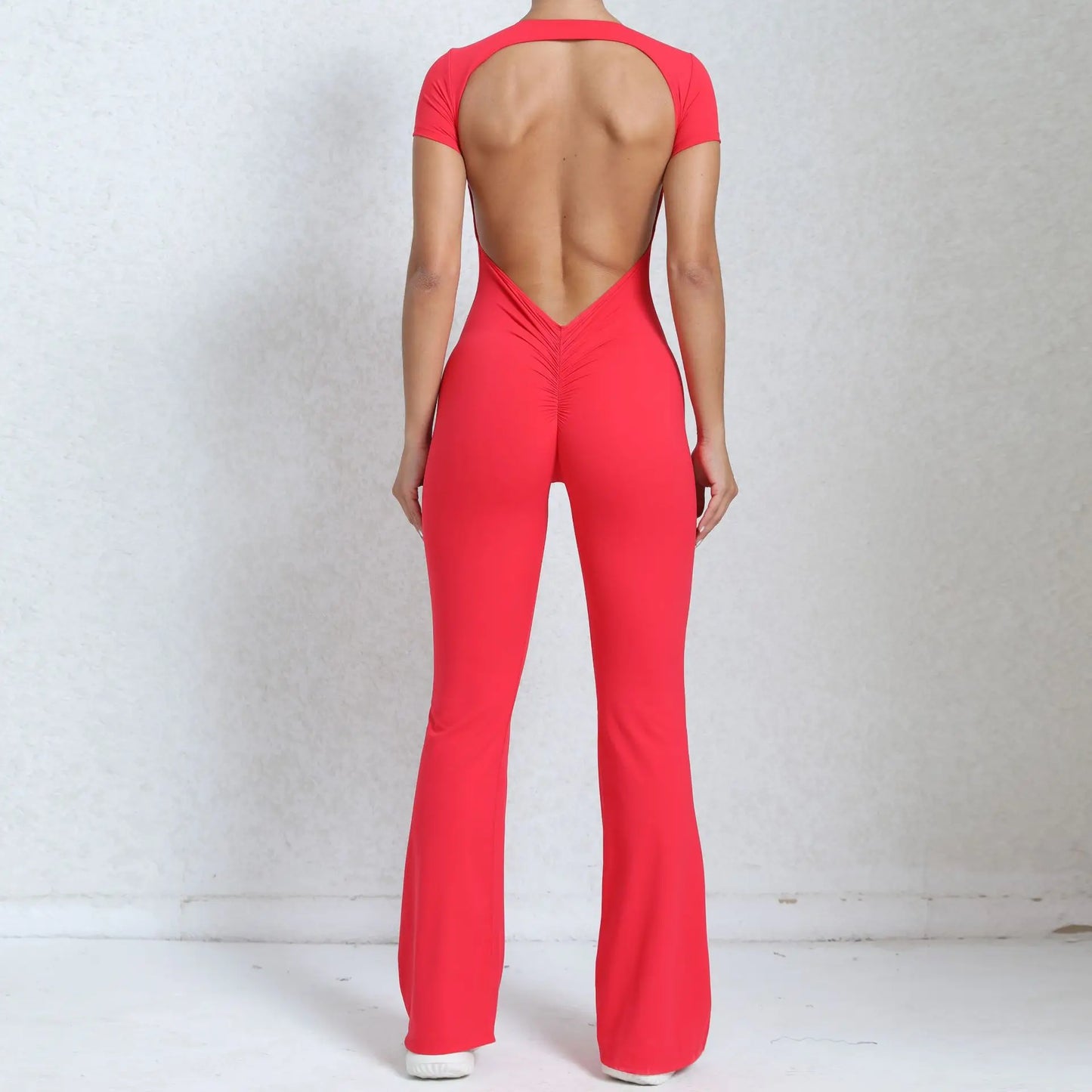 Women Short Sleeves Bodysuit Gym Set Yoga Clothes Suit Workout Jumpsuit Sport Set Women One-Piece Flared Pant Rompers Sportswear