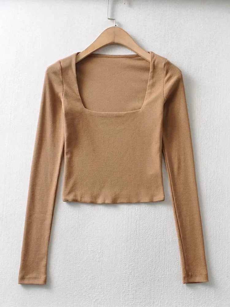 Women Ribbed Square Neck Crop Top With Long Sleeve