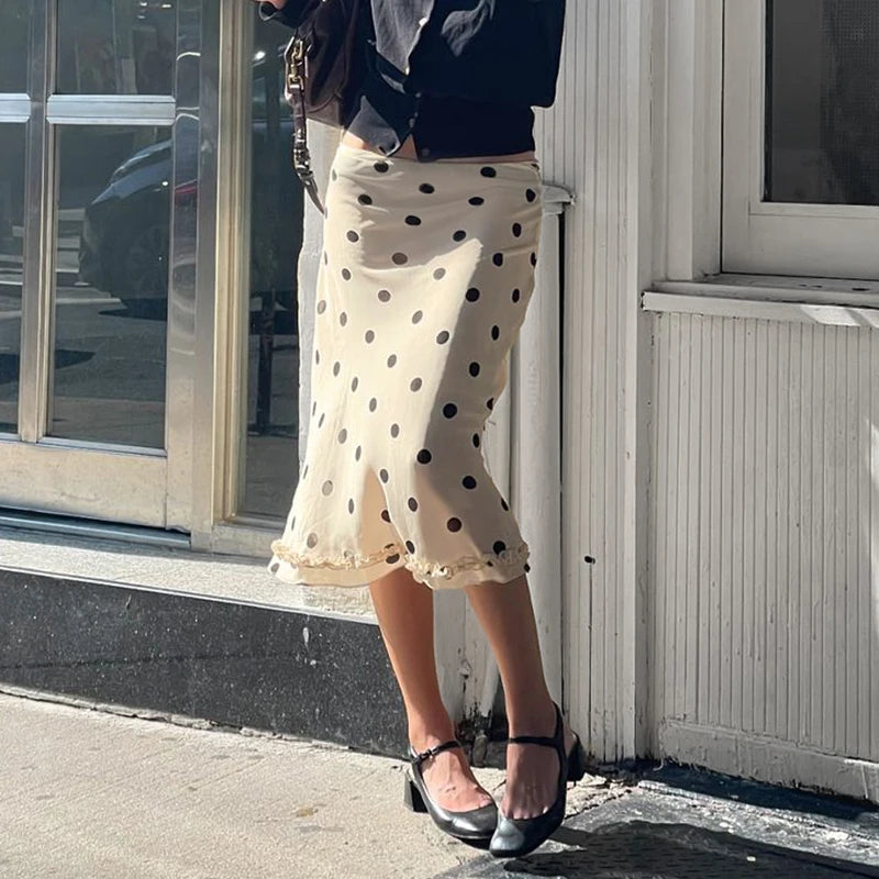 BIIKPIIK Casual Women Polka Dot Skirts Lettuce Trim Beige Elegant Midi Skirts Streetwear Simple All-match Bottom Clothing Spring