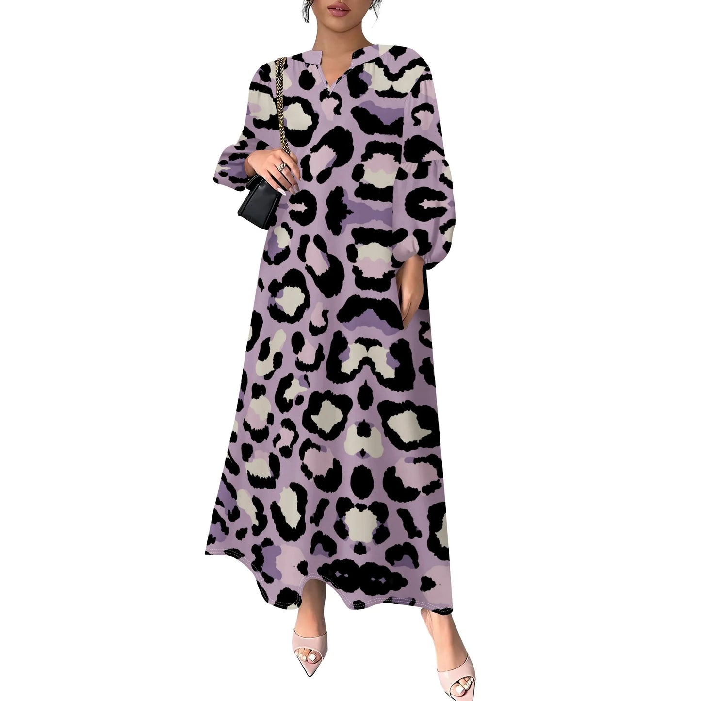 Plus Size Blue Abstract Print Long Dress for Women – Casual & Chic, Perfect for Spring Outings, Available in XS-3XL